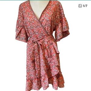 Max Studio Coral Pink Adjustable Wrap Dress with Flutter Sleeves Women’s Size M
